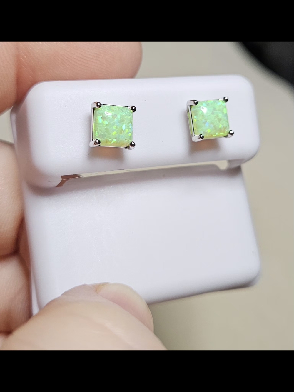 Green Natural Opal Square Stud Earrings - 925 Sterling Silver - Picture 8 of 11